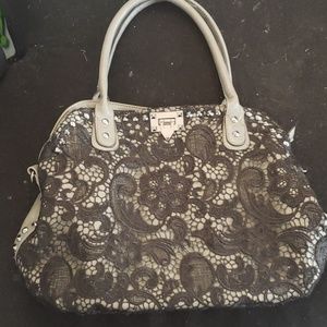 Grey purse with black lace over lace